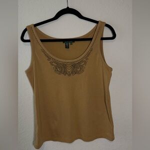 Lauren Ralph Lauren Women's XL Beaded Sleeveless Tank Top Beige  100% Cotton